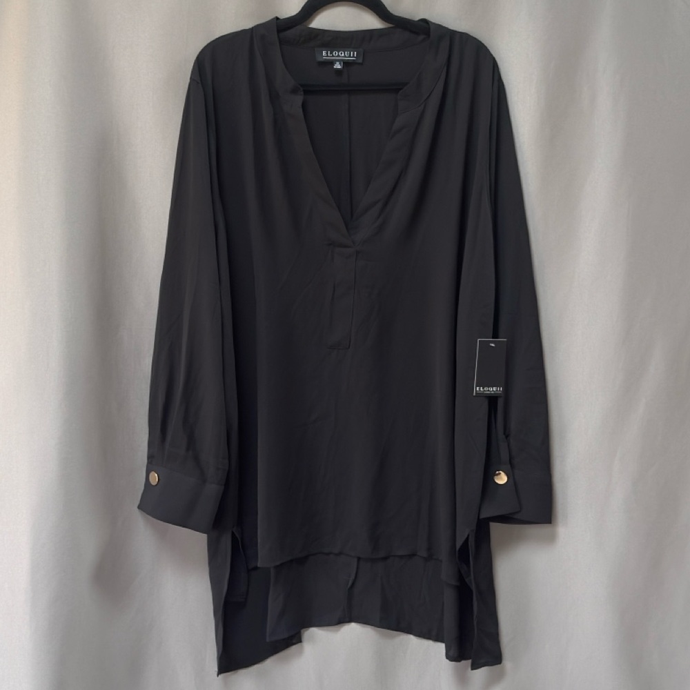 NWT ELOQUII Sheer Tunic Black Blouse, Plus Size 20, Hi Lo Loose Fit Long Sleeves
